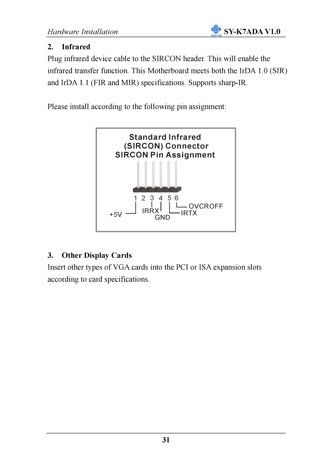 SOYO SY-K7ADA V1.0 user manual Infrared, Other Display Cards 