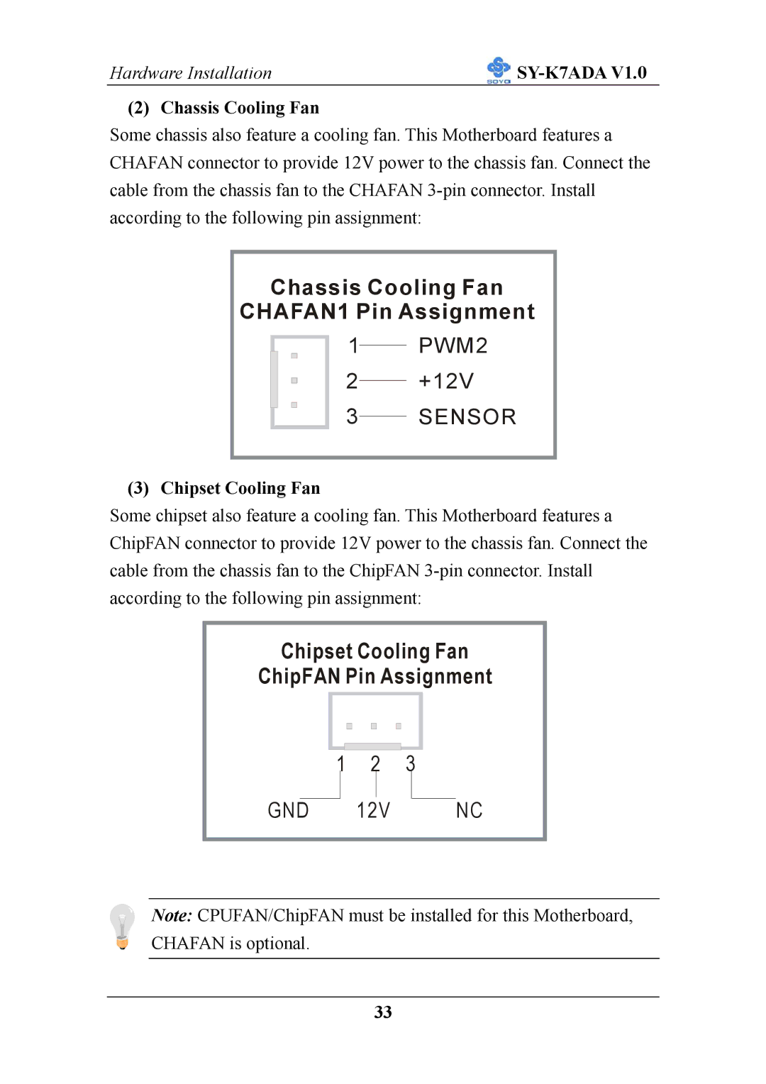 SOYO SY-K7ADA V1.0 user manual Chassis Cooling Fan, Chipset Cooling Fan 