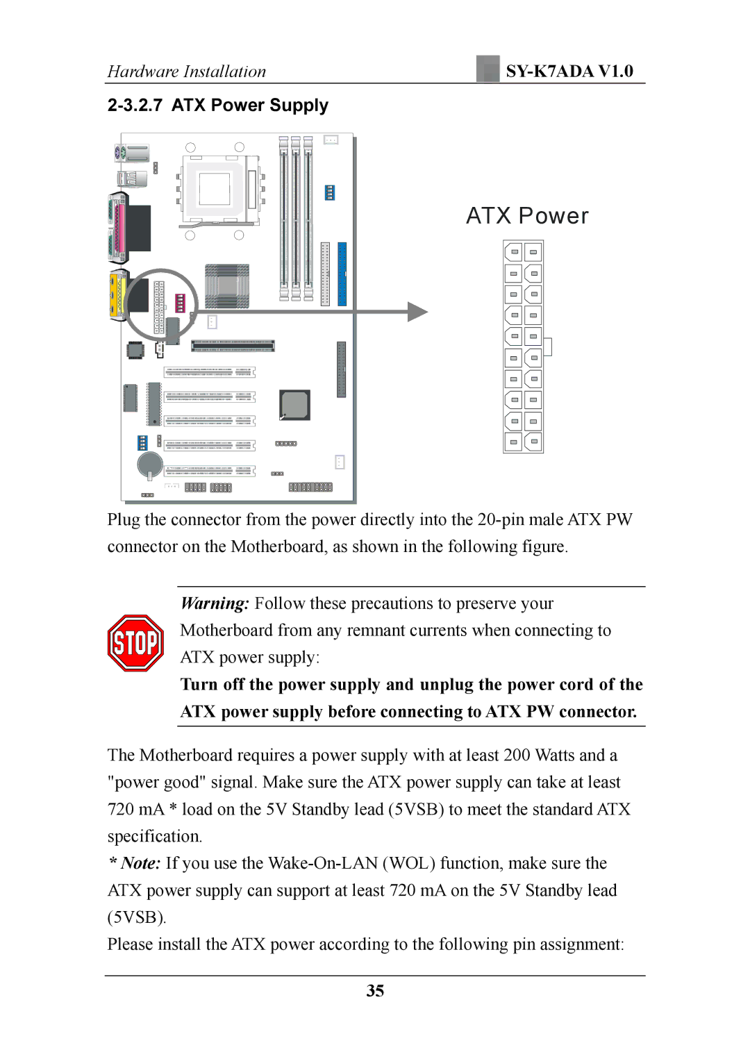 SOYO SY-K7ADA V1.0 user manual ATX Power 