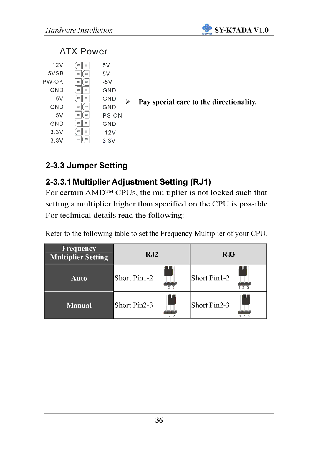 SOYO SY-K7ADA V1.0 user manual Jumper Setting Multiplier Adjustment Setting RJ1, Pay special care to the directionality 