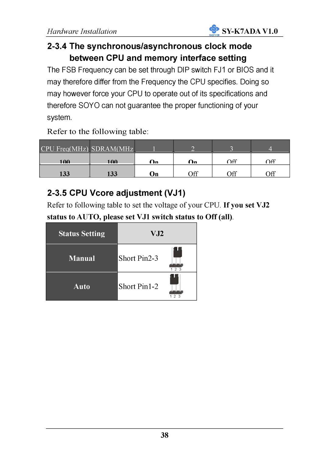 SOYO SY-K7ADA V1.0 user manual CPU Vcore adjustment VJ1, VJ2 