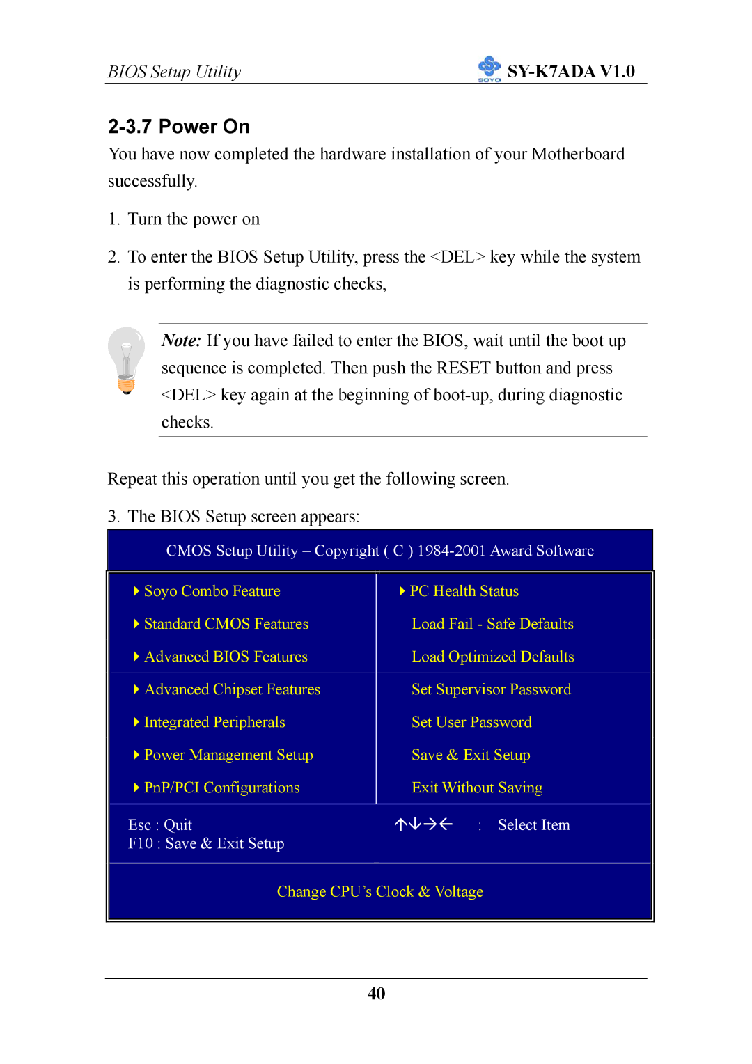 SOYO SY-K7ADA V1.0 user manual Power On, Cmos Setup Utility Copyright C 1984-2001 Award Software 