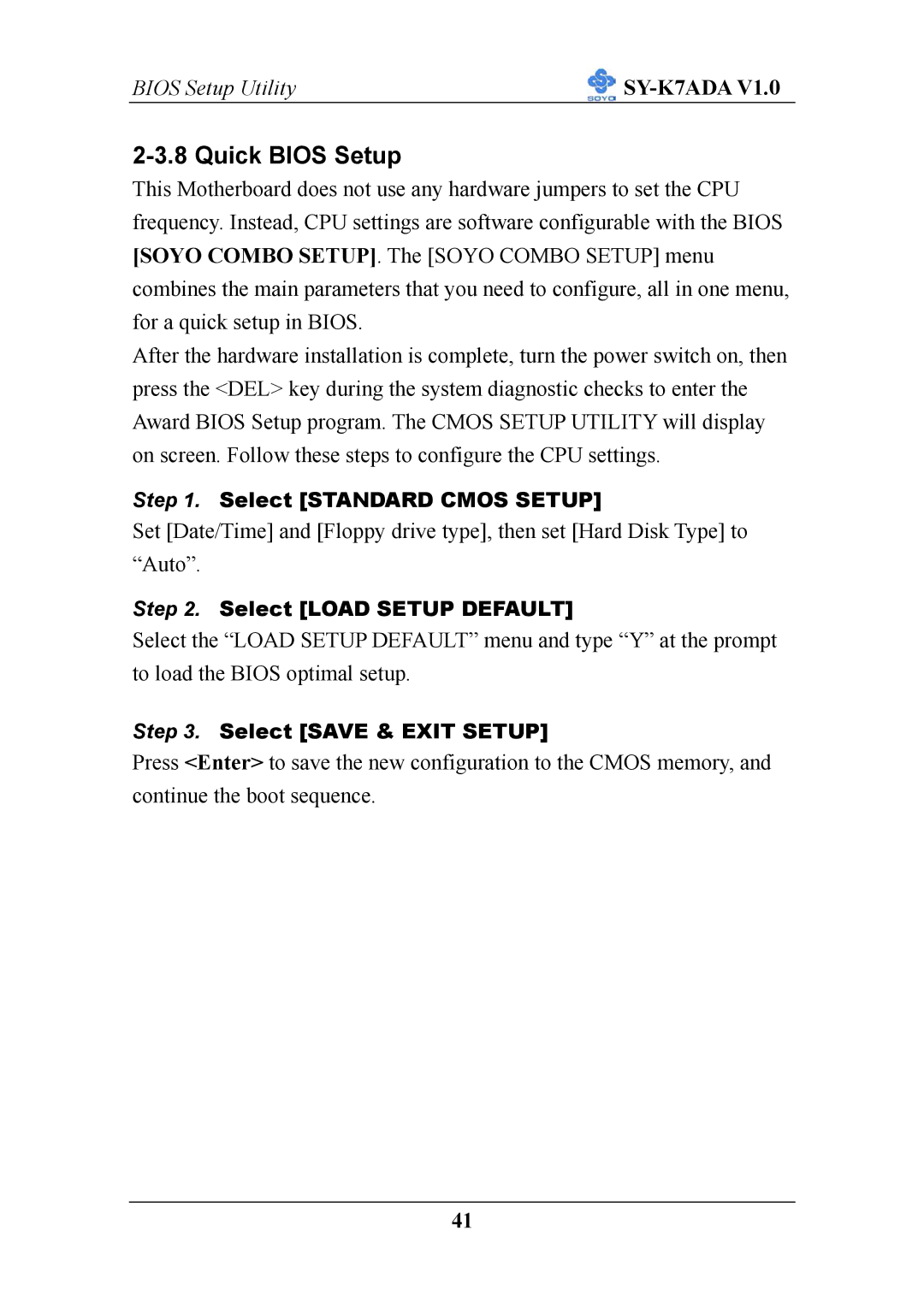 SOYO SY-K7ADA V1.0 user manual Quick Bios Setup 