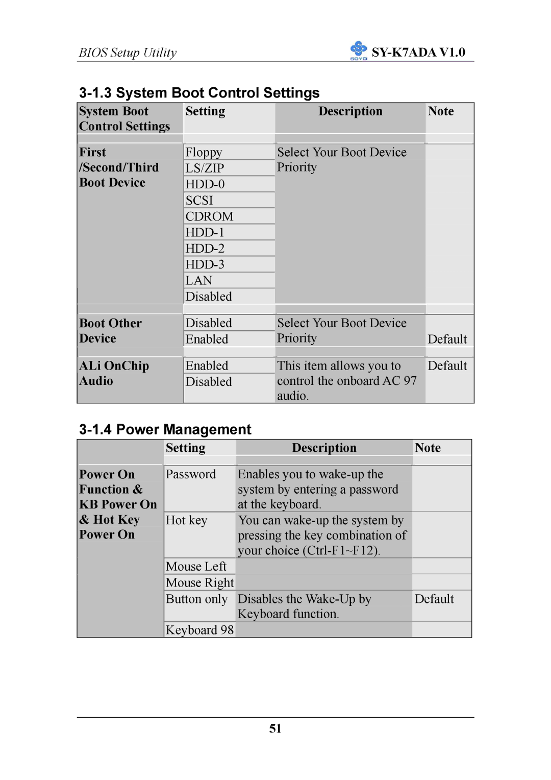 SOYO SY-K7ADA V1.0 user manual System Boot Control Settings, Power Management 