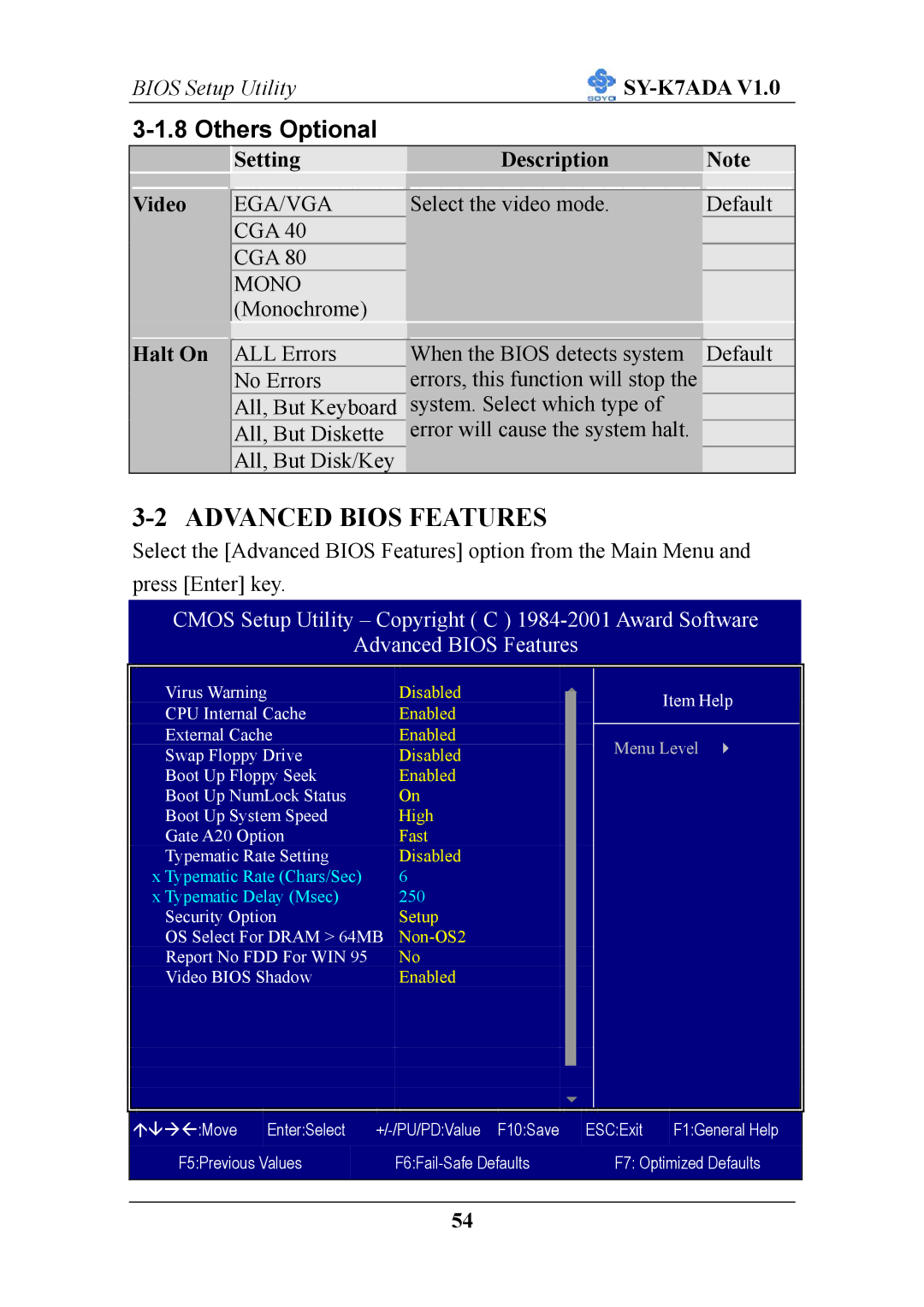 SOYO SY-K7ADA V1.0 user manual Advanced Bios Features, Others Optional, Setting Description Video, Halt On 