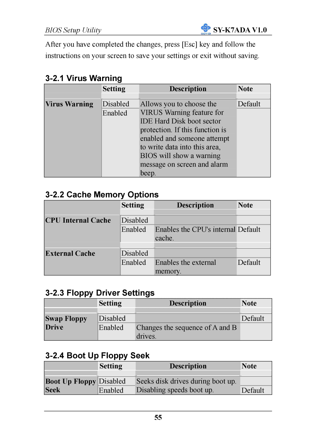 SOYO SY-K7ADA V1.0 user manual Virus Warning, Cache Memory Options, Floppy Driver Settings, Boot Up Floppy Seek 