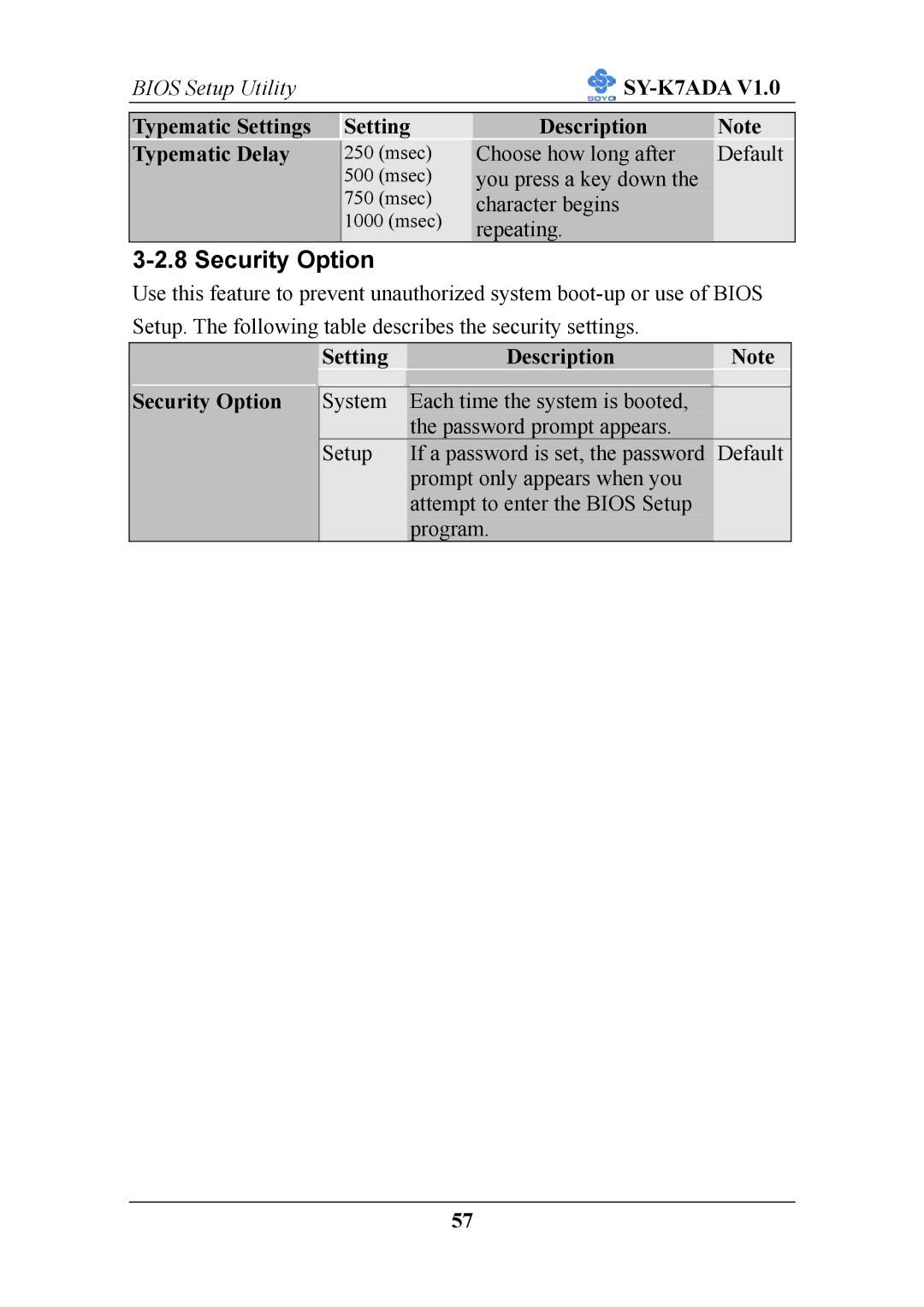 SOYO SY-K7ADA V1.0 user manual Security Option 