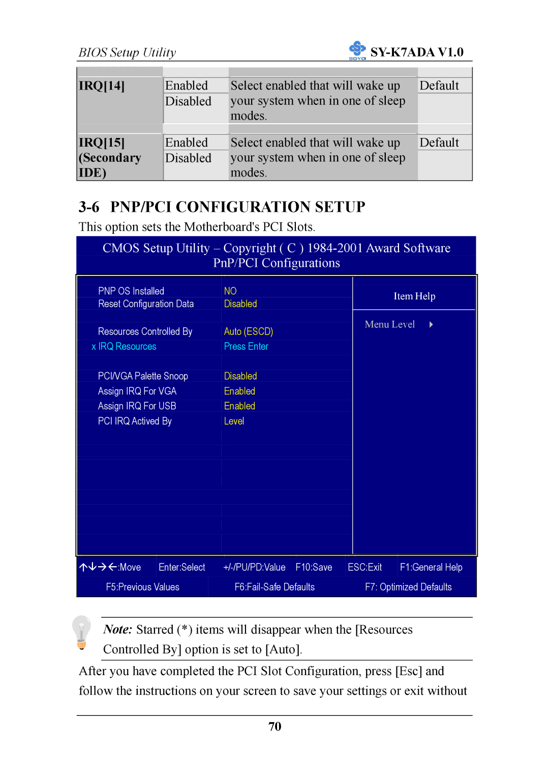 SOYO SY-K7ADA V1.0 user manual PNP/PCI Configuration Setup, IRQ15 Secondary 