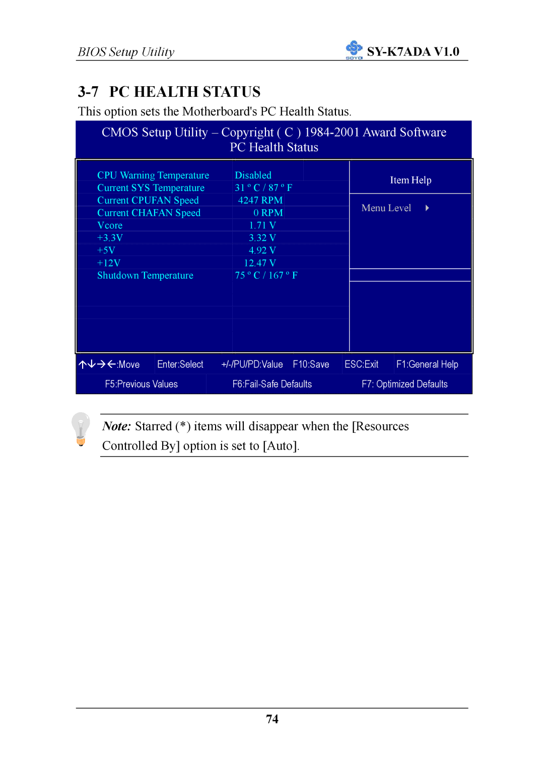 SOYO SY-K7ADA V1.0 user manual PC Health Status 