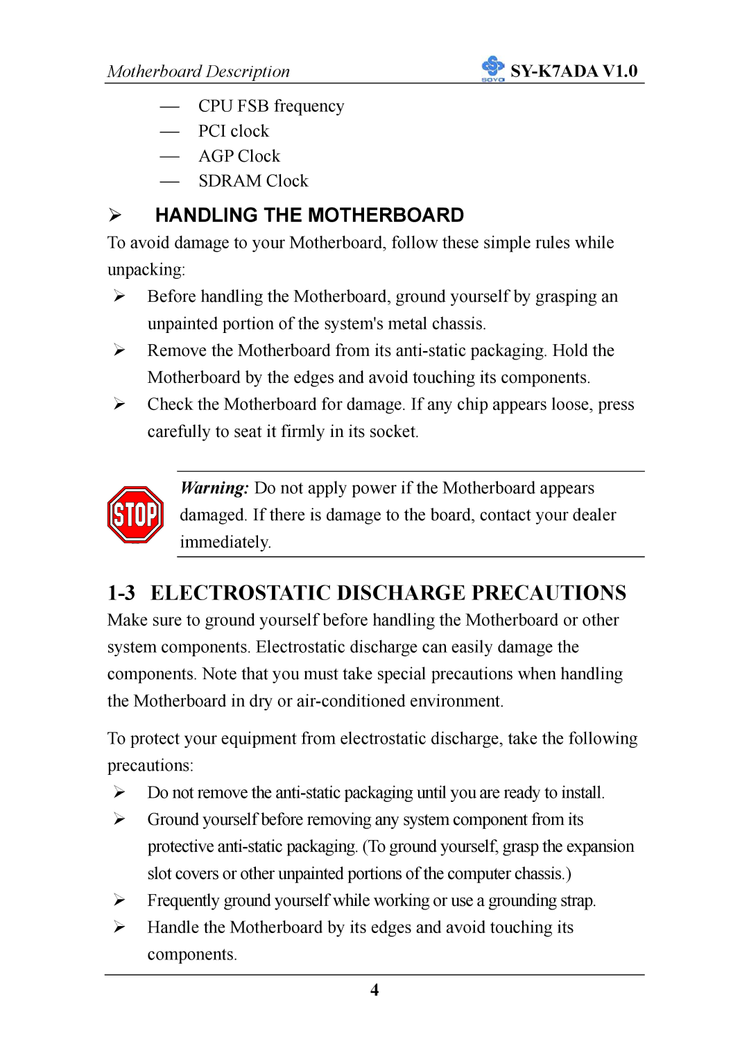 SOYO SY-K7ADA V1.0 user manual Electrostatic Discharge Precautions, Handling the Motherboard 