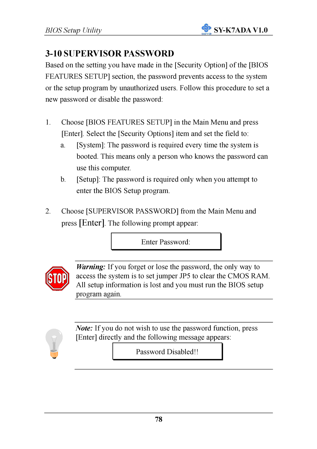 SOYO SY-K7ADA V1.0 user manual Supervisor Password 