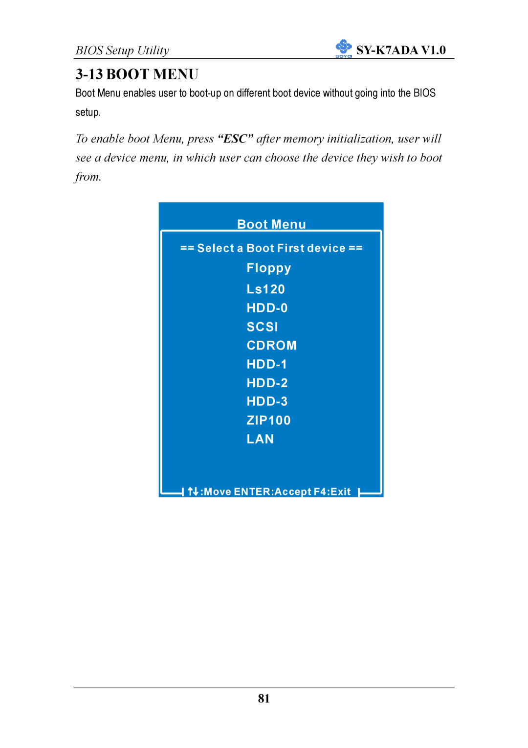 SOYO SY-K7ADA V1.0 user manual Boot Menu 