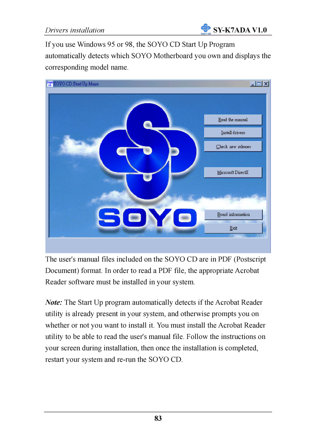 SOYO SY-K7ADA V1.0 user manual Drivers installation 