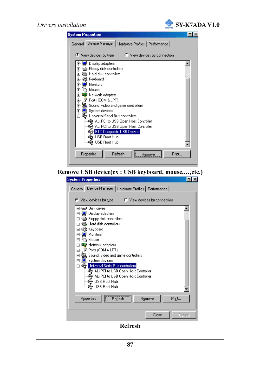 SOYO SY-K7ADA V1.0 user manual Remove USB deviceex USB keyboard, mouse,…,etc Refresh 