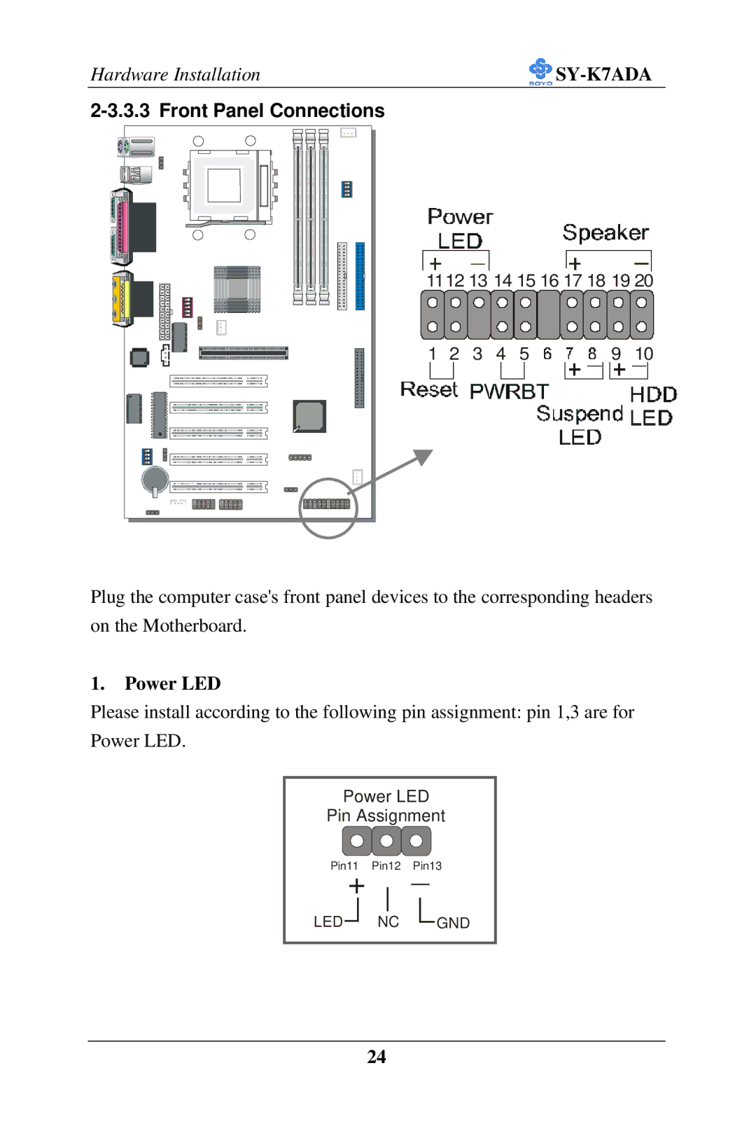 SOYO SY-K7ADA user manual Front Panel Connections, Power LED 