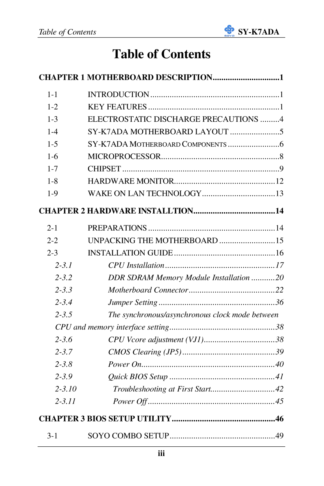 SOYO SY-K7ADA user manual Table of Contents 