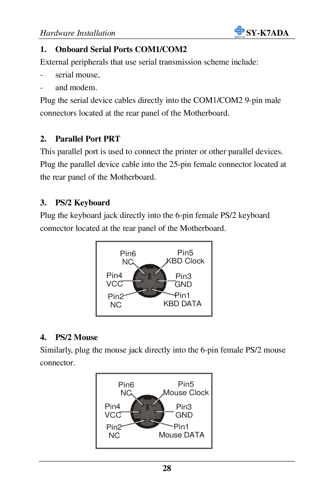 SOYO SY-K7ADA user manual Onboard Serial Ports COM1/COM2, Parallel Port PRT, PS/2 Keyboard, PS/2 Mouse 