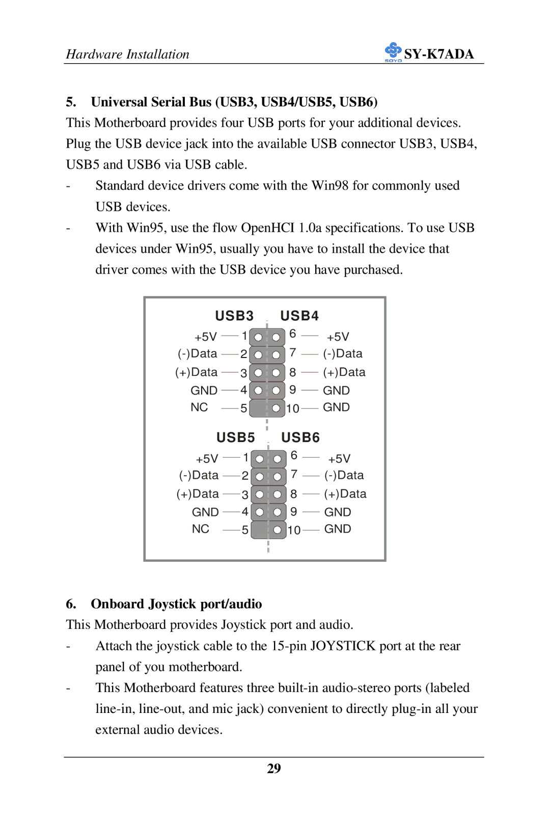 SOYO SY-K7ADA user manual Universal Serial Bus USB3, USB4/USB5, USB6, Onboard Joystick port/audio 