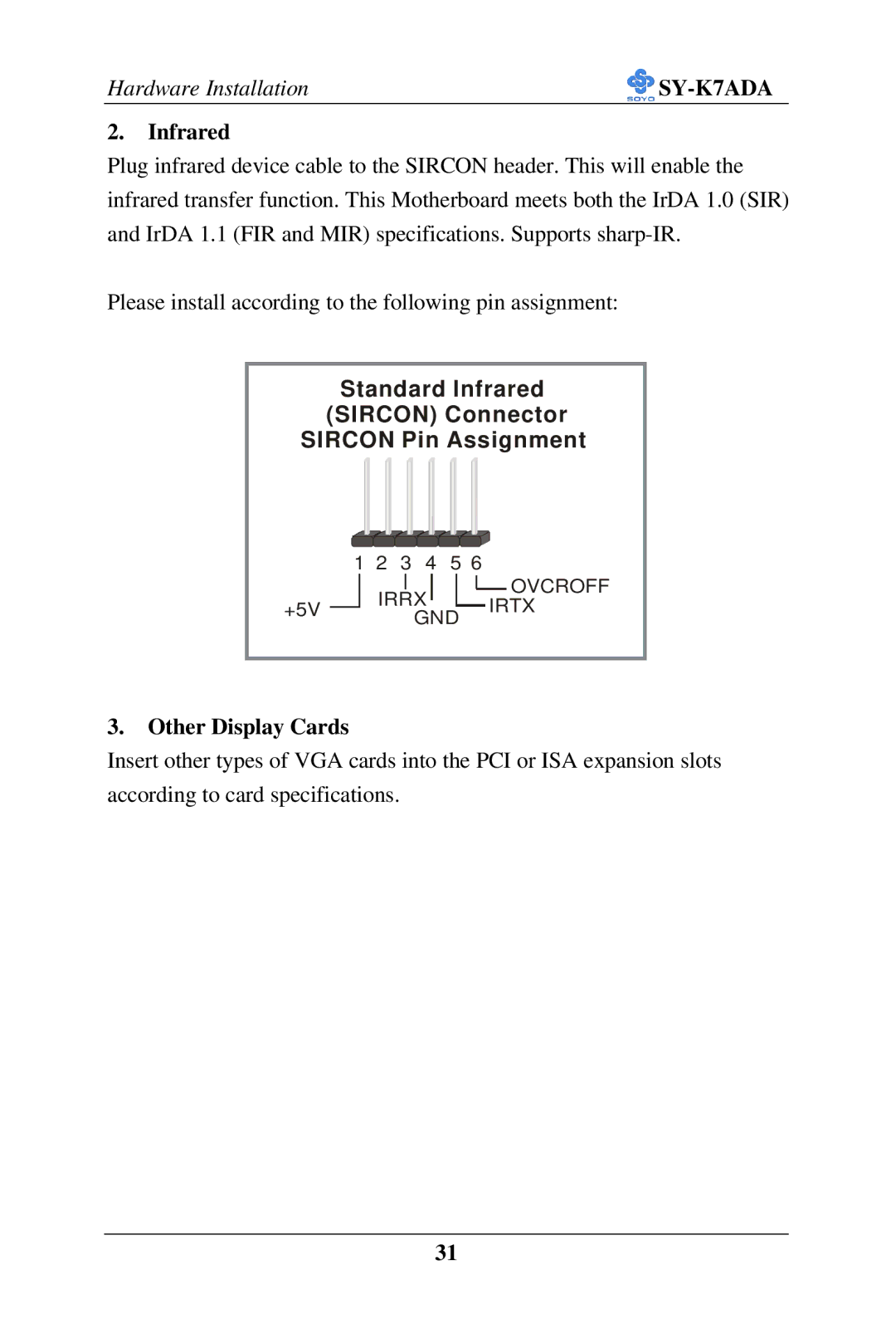 SOYO SY-K7ADA user manual Infrared, Other Display Cards 