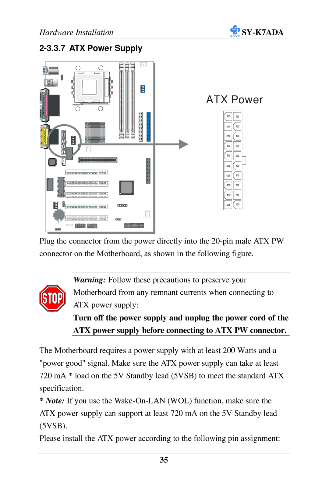 SOYO SY-K7ADA user manual ATX Power 