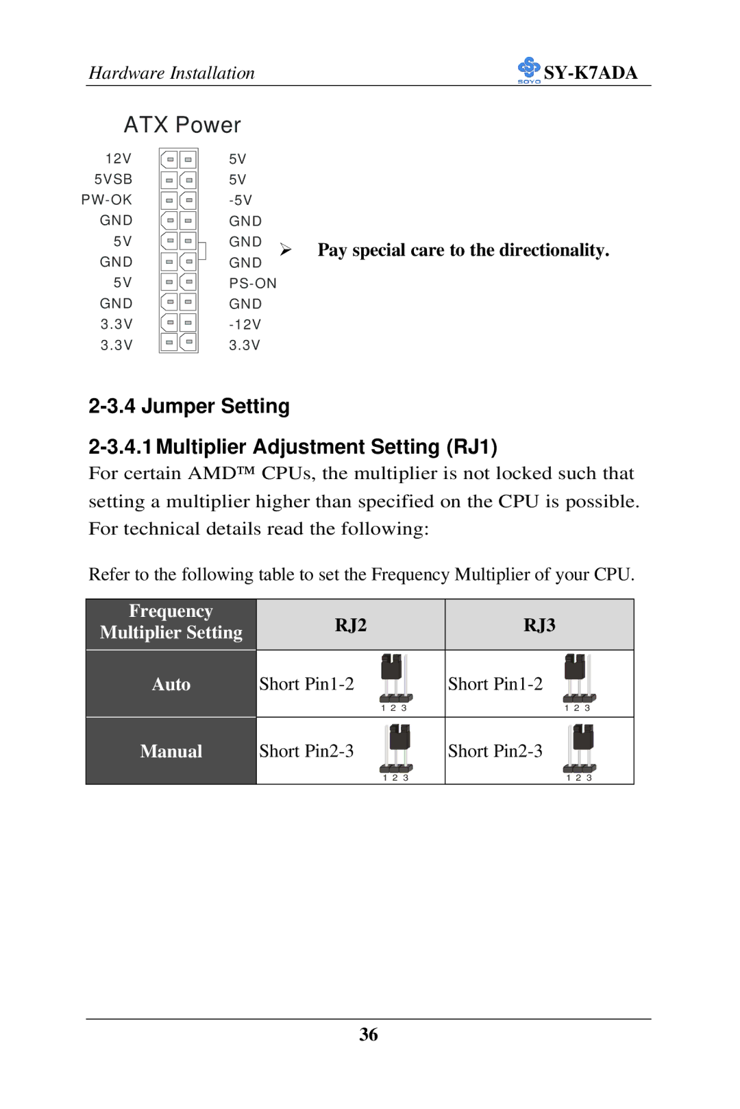 SOYO SY-K7ADA Jumper Setting Multiplier Adjustment Setting RJ1, GND Ø Pay special care to the directionality, RJ2 RJ3 