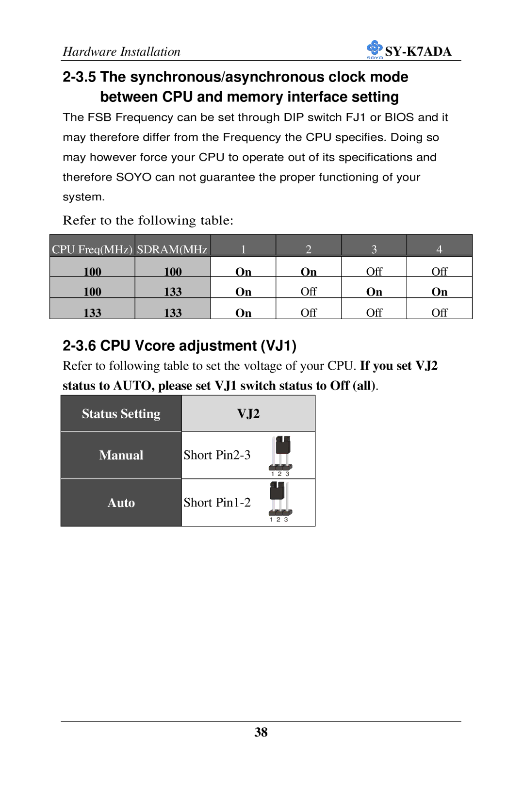 SOYO SY-K7ADA user manual CPU Vcore adjustment VJ1, VJ2 