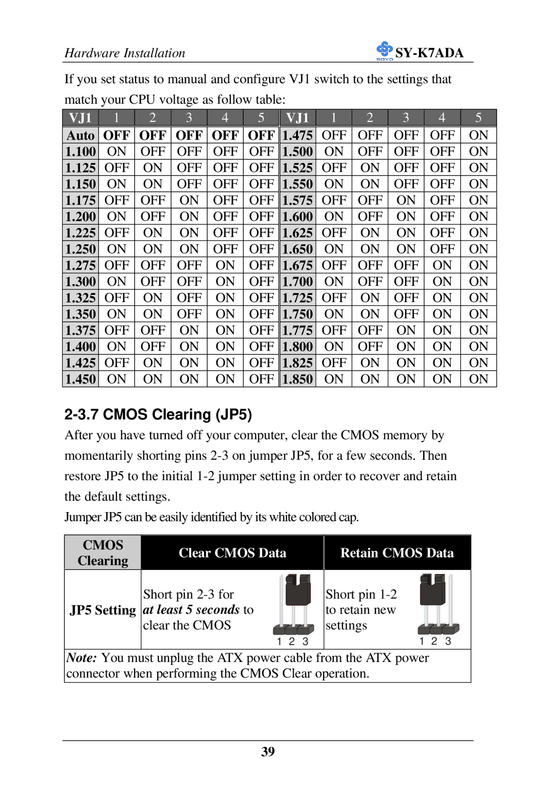 SOYO SY-K7ADA user manual Cmos Clearing JP5, Off 