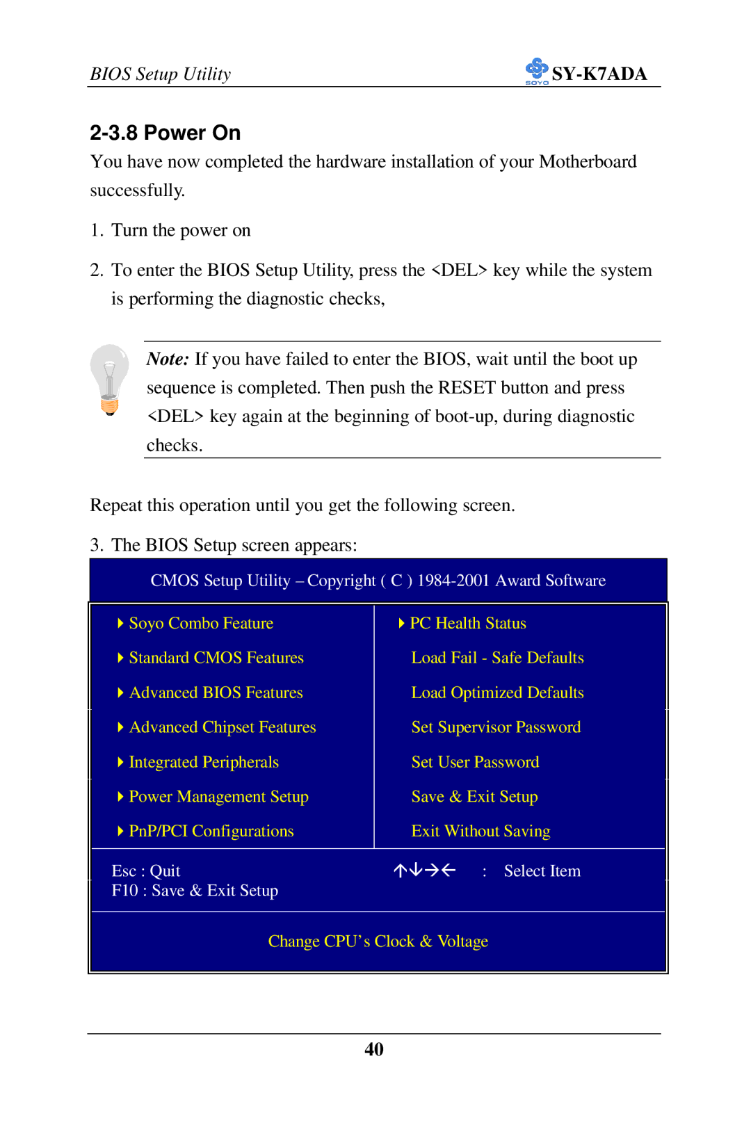 SOYO SY-K7ADA user manual Power On, Cmos Setup Utility Copyright C 1984-2001 Award Software 