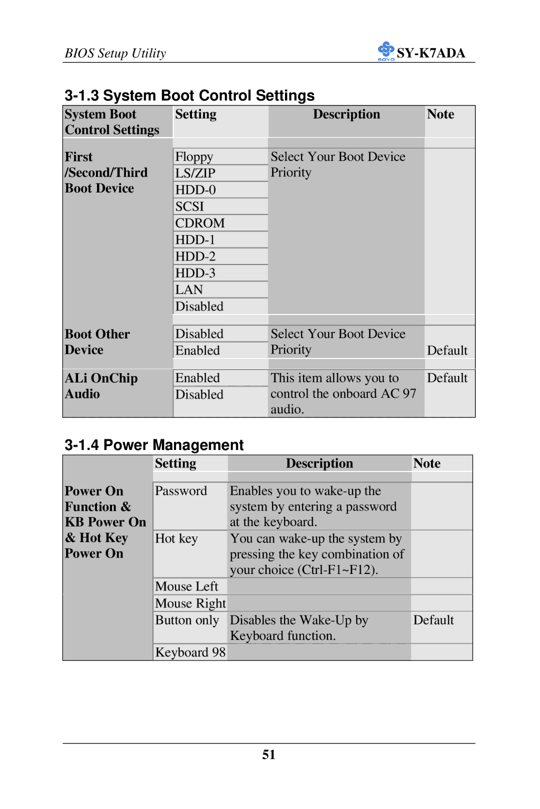 SOYO SY-K7ADA user manual System Boot Control Settings, Power Management 