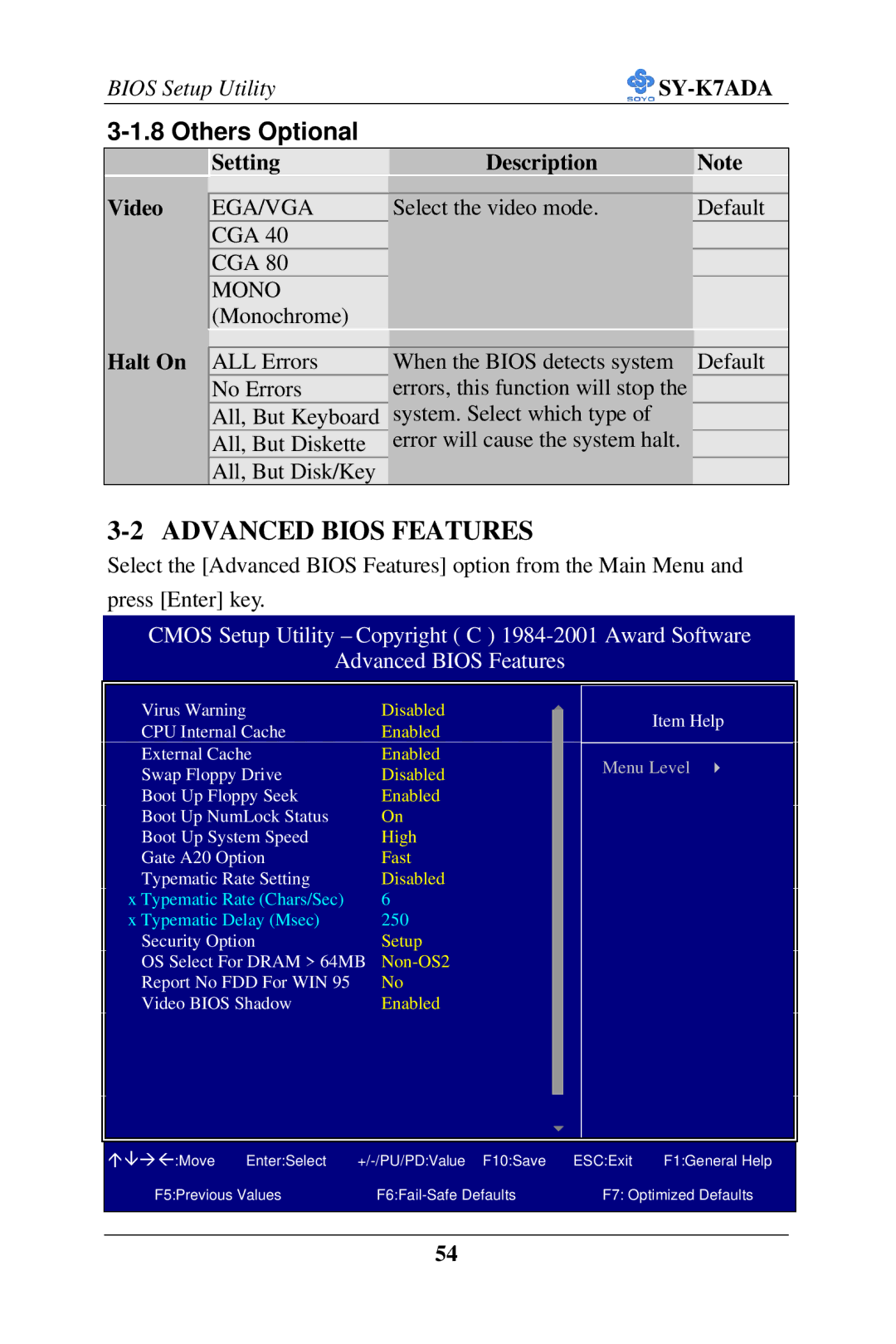 SOYO SY-K7ADA user manual Advanced Bios Features, Others Optional, Setting Description Video, Halt On 