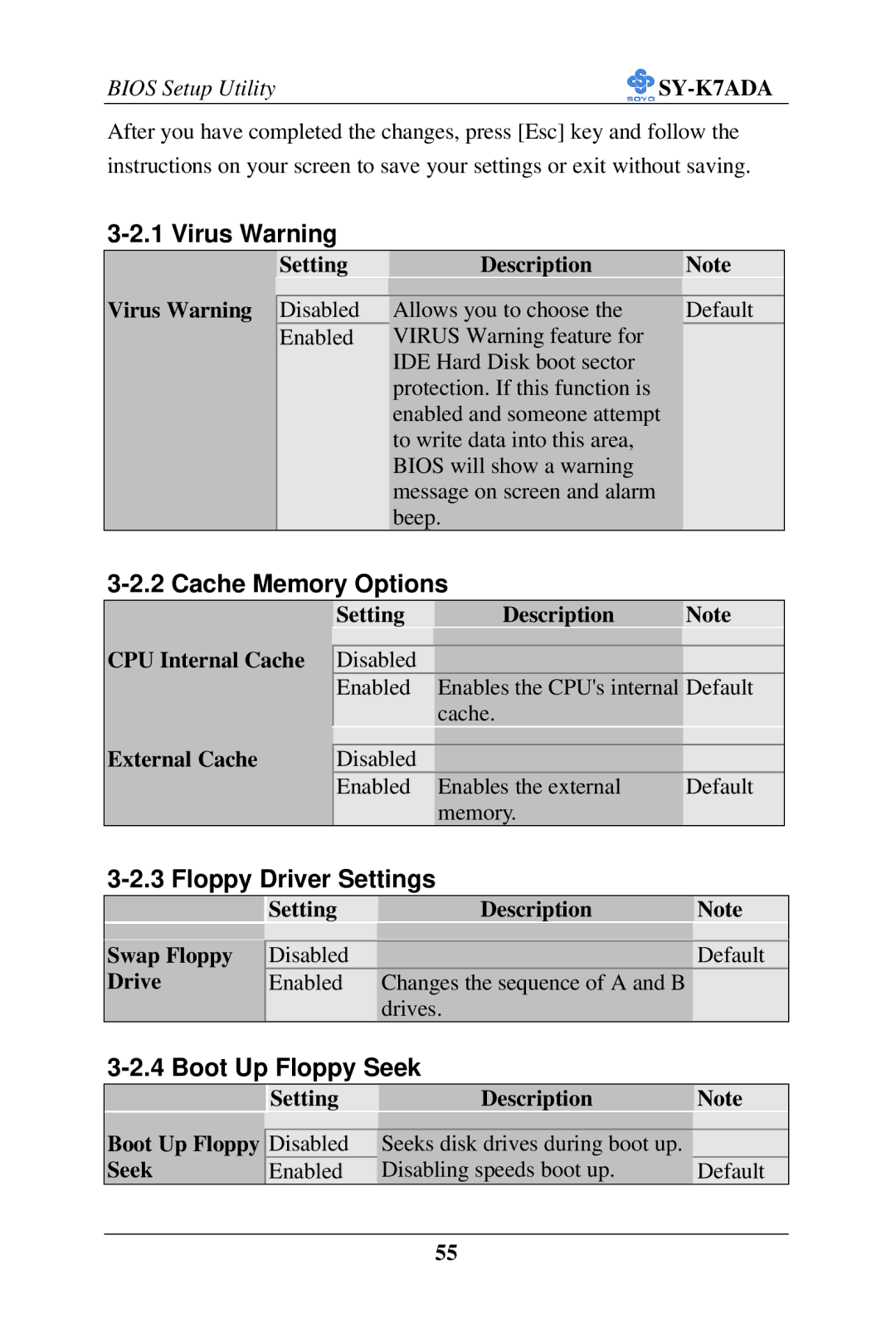 SOYO SY-K7ADA user manual Virus Warning, Cache Memory Options, Floppy Driver Settings, Boot Up Floppy Seek 