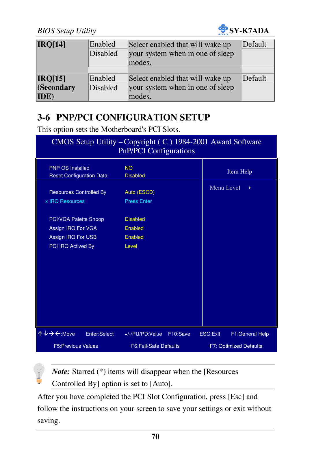 SOYO SY-K7ADA user manual PNP/PCI Configuration Setup, IRQ14, IRQ15 Secondary 