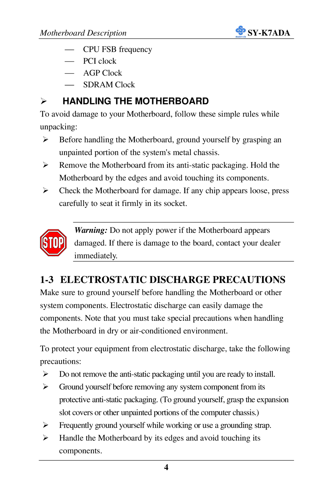 SOYO SY-K7ADA user manual Electrostatic Discharge Precautions, Handling the Motherboard 