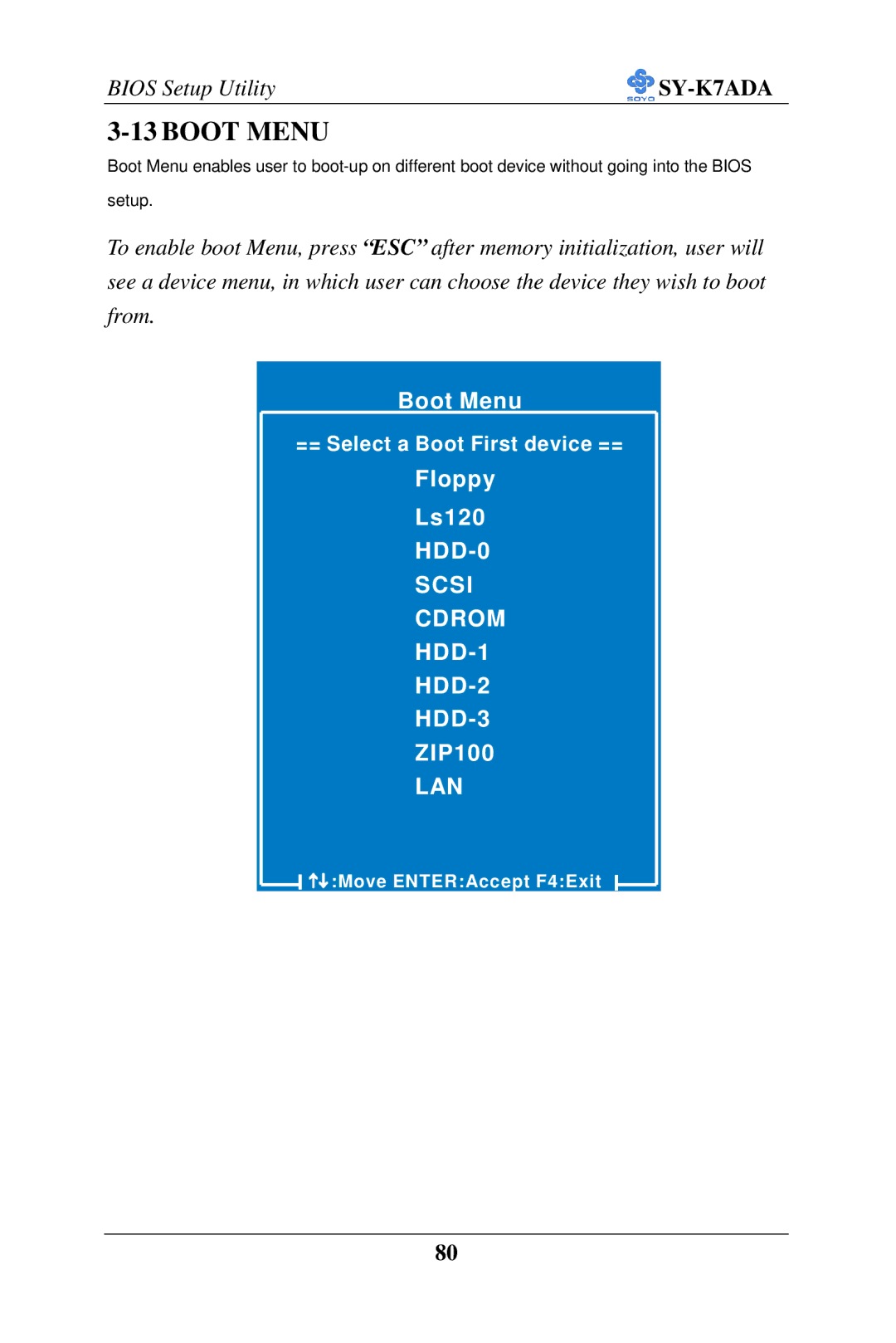 SOYO SY-K7ADA user manual Boot Menu 