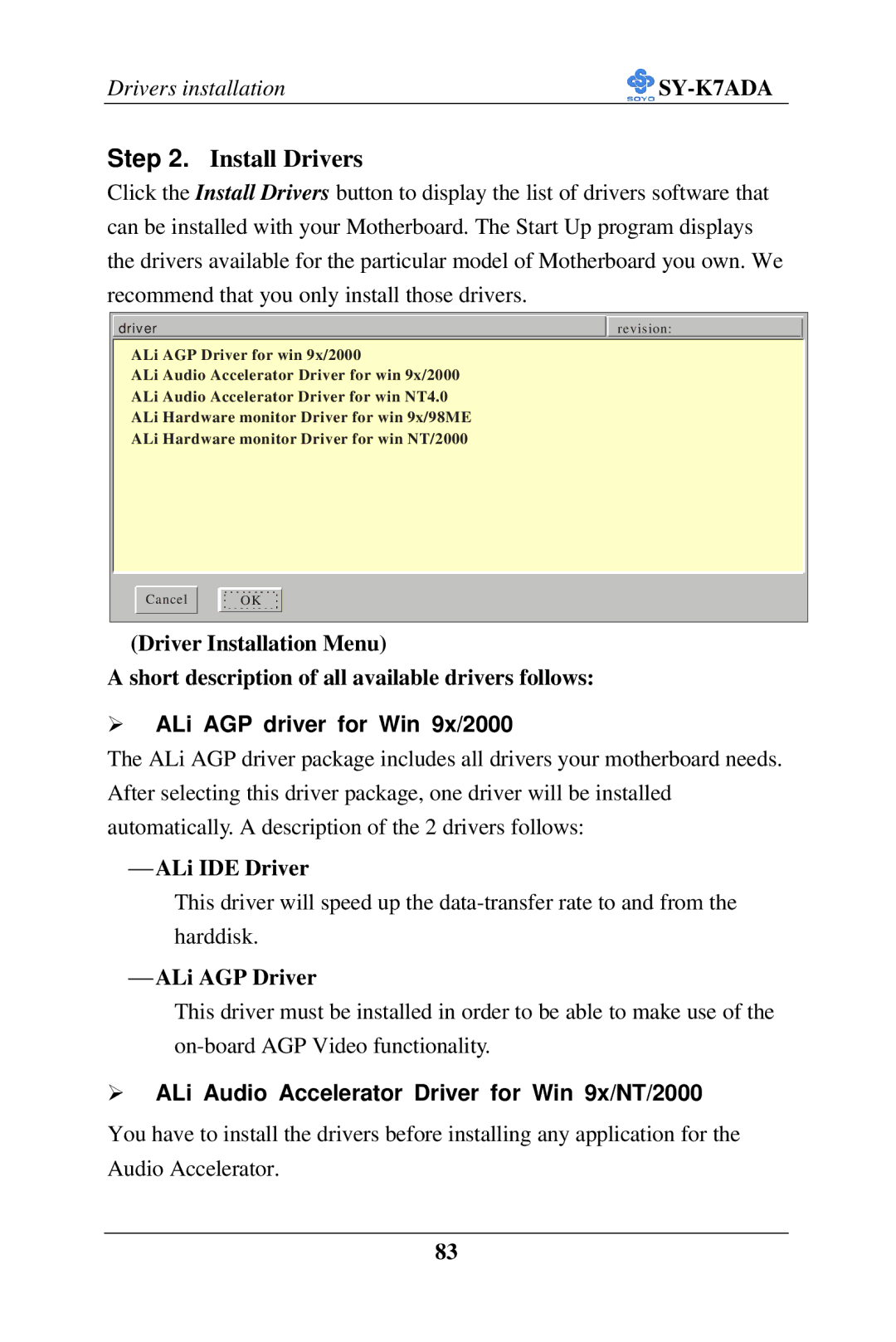 SOYO SY-K7ADA user manual ⎯ ALi IDE Driver, ⎯ ALi AGP Driver 