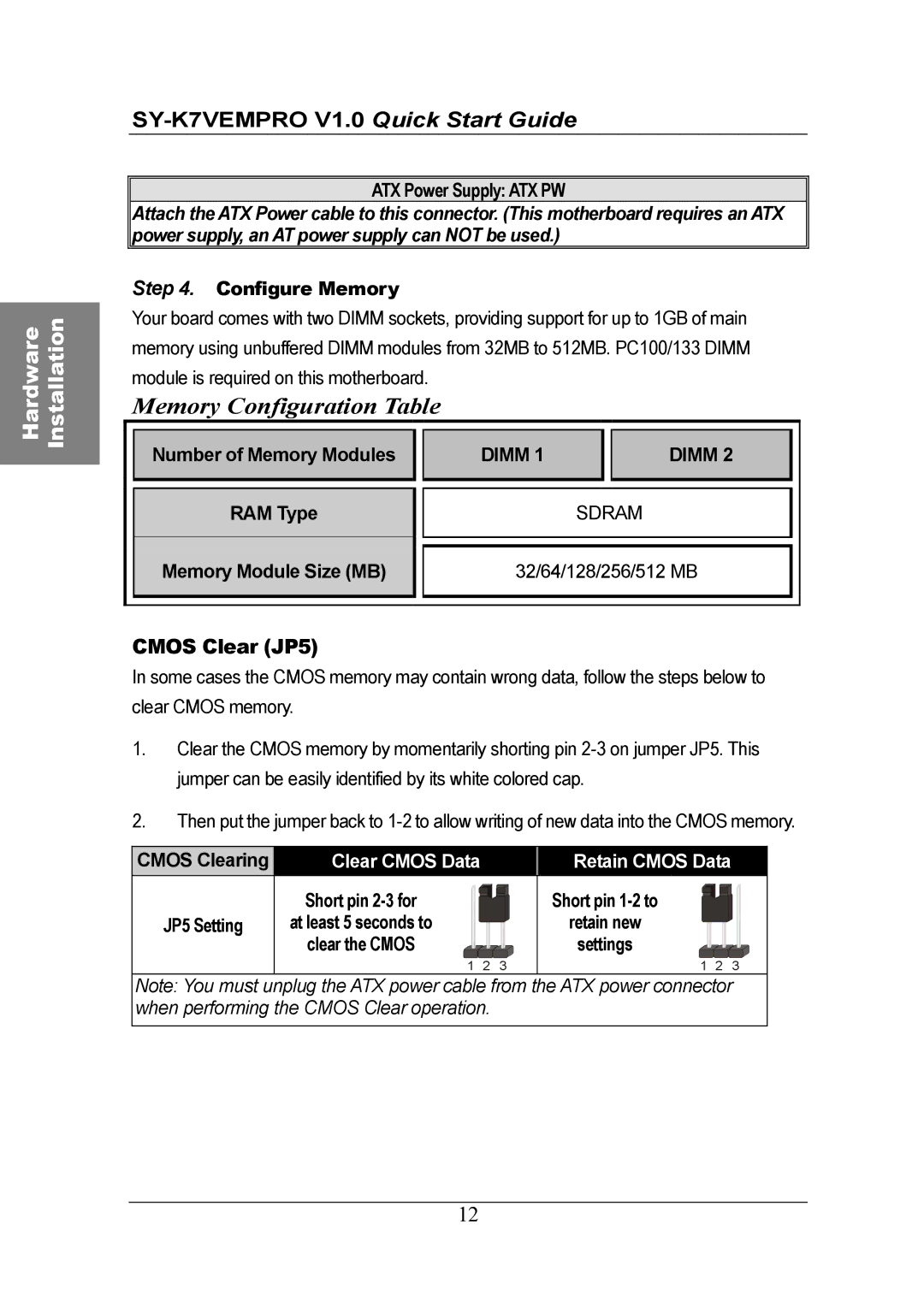 SOYO SY-K7VEMPRO V1.0 quick start Cmos Clear JP5 