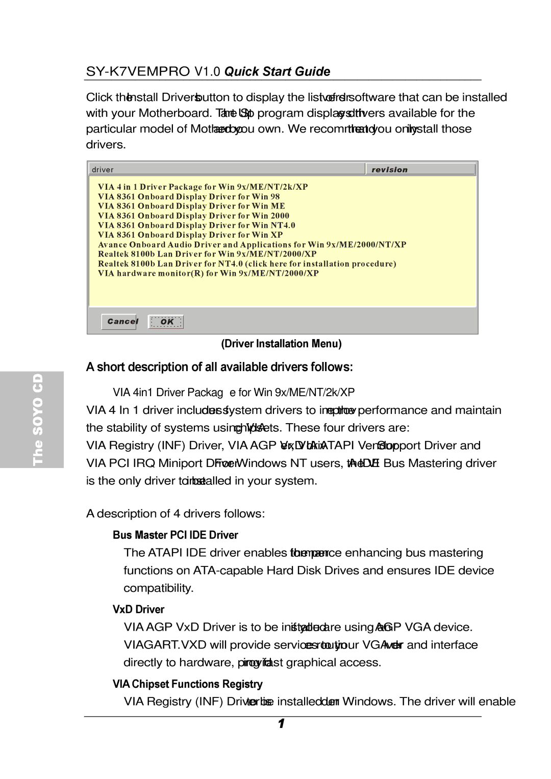 SOYO SY-K7VEMPRO V1.0 quick start Driver Installation Menu, VIA 4in1 Driver Package for Win 9x/ME/NT/2k/XP,  VxD Driver 