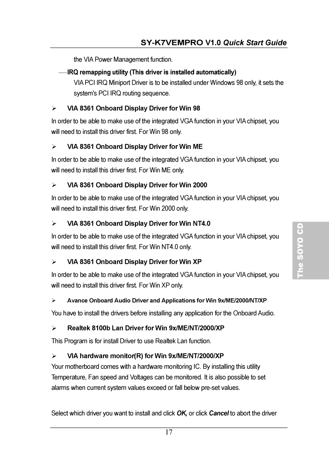 SOYO SY-K7VEMPRO V1.0 VIA 8361 Onboard Display Driver for Win ME, VIA 8361 Onboard Display Driver for Win NT4.0 
