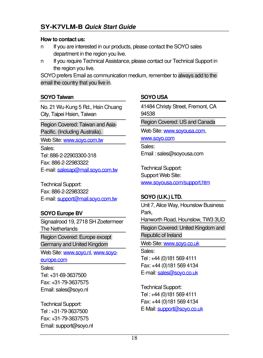 SOYO SY-K7VLM-B quick start How to contact us, Soyo Taiwan, Soyo Europe BV 
