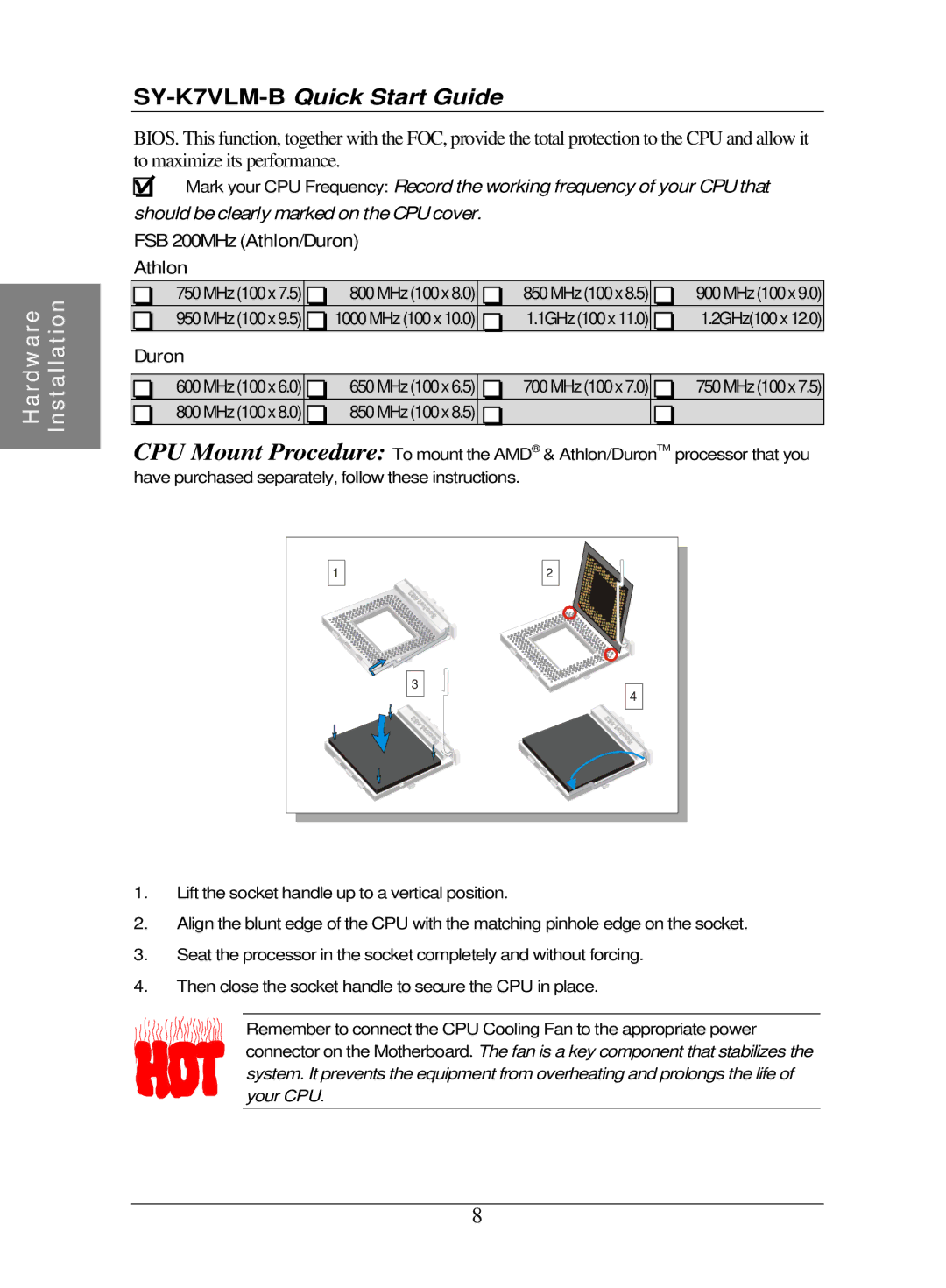 SOYO SY-K7VLM-B quick start FSB 200MHz Athlon/Duron 