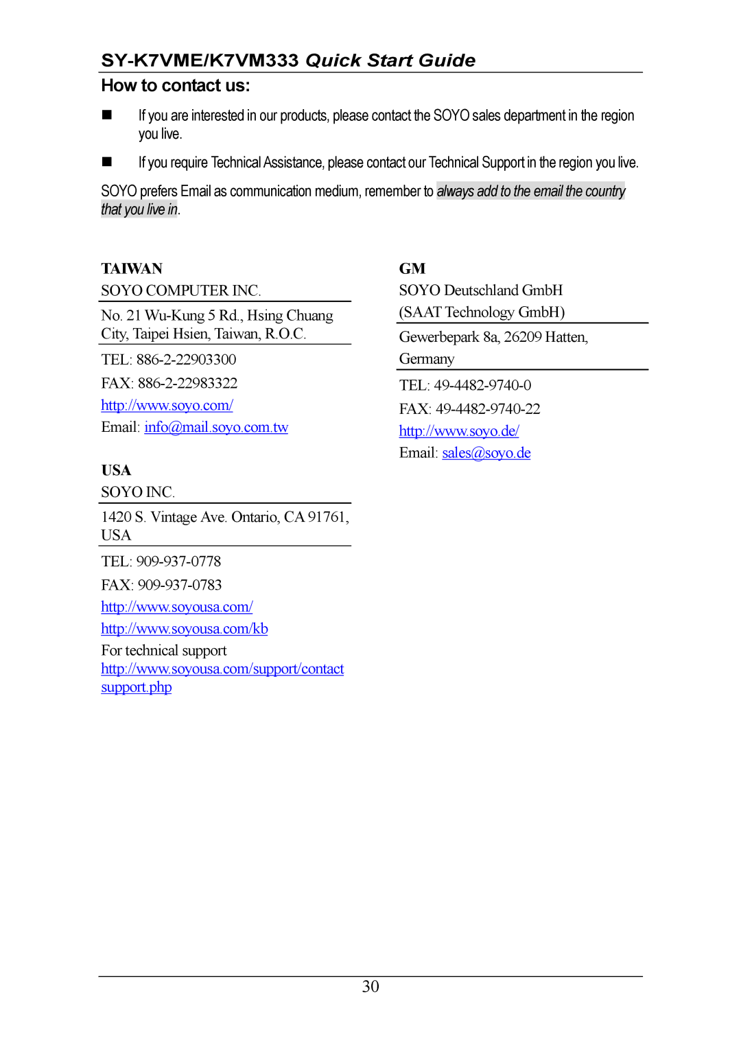 SOYO SY-K7VM333 quick start SY-K7VME/K7VM333 Quick Start Guide How to contact us, Taiwan 