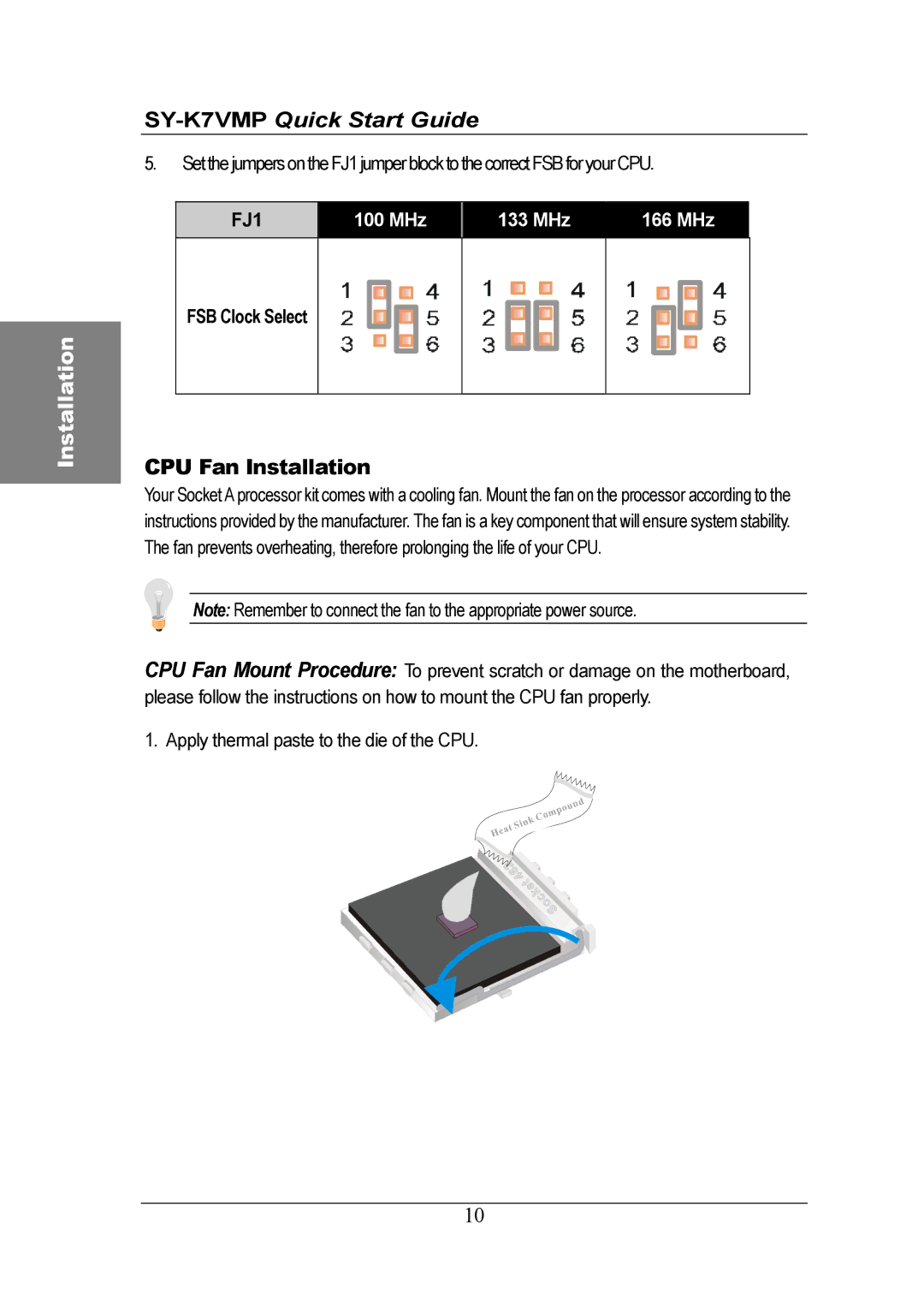 SOYO SY-K7VMP quick start CPU Fan Installation, FSB Clock Select 