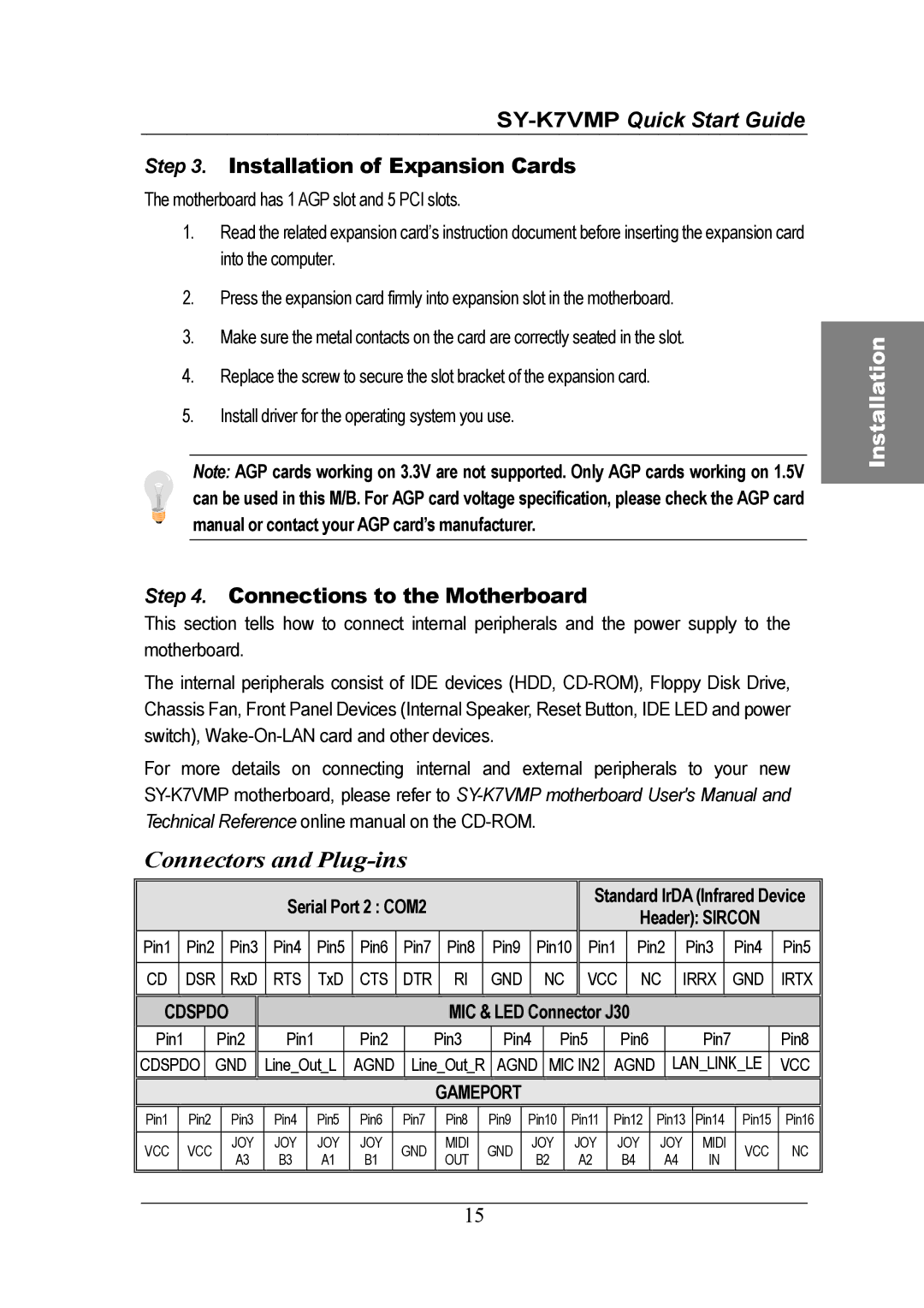 SOYO SY-K7VMP quick start Installation of Expansion Cards, Connections to the Motherboard, MIC & LED Connector J30 