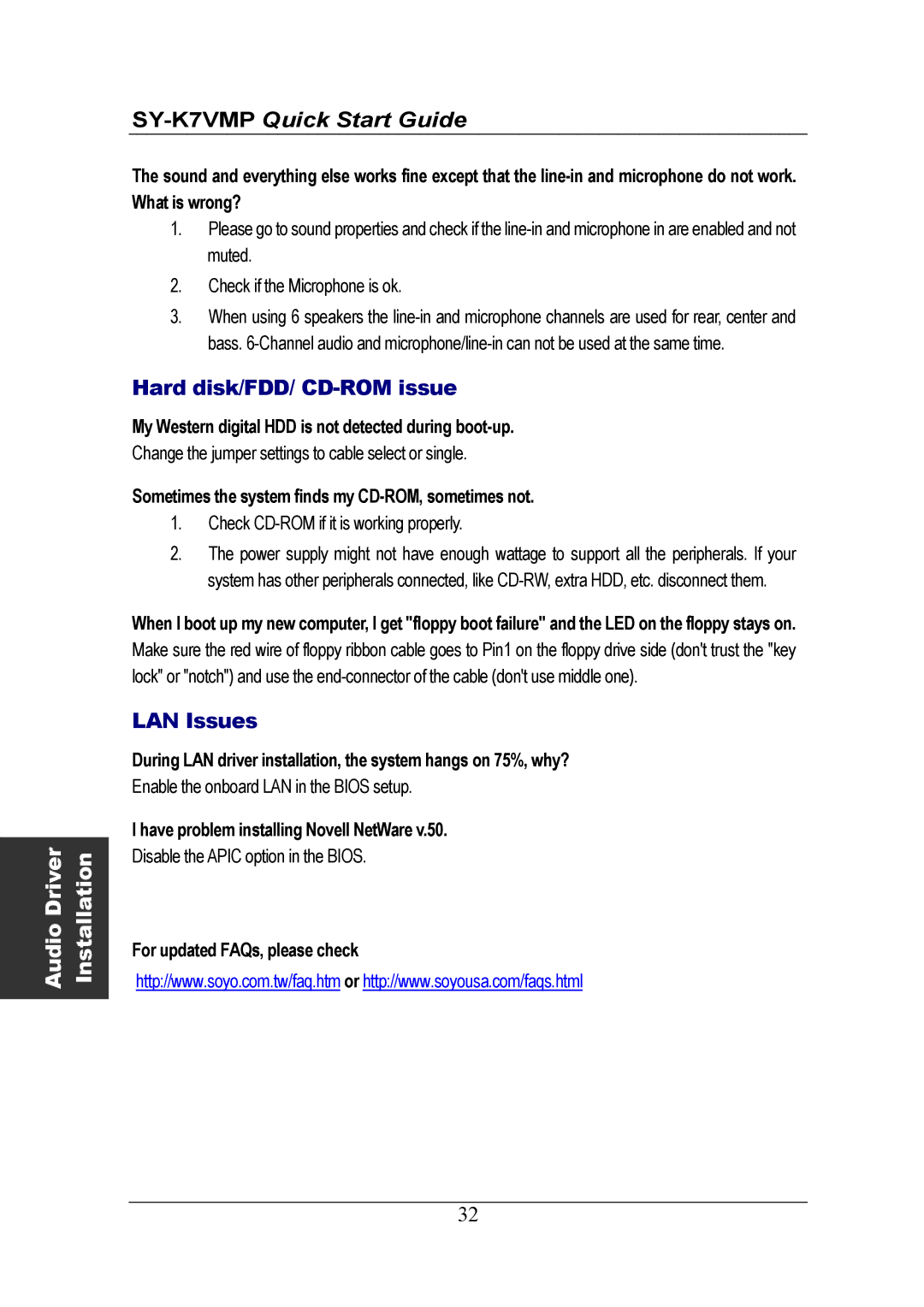 SOYO SY-K7VMP quick start Hard disk/FDD/ CD-ROM issue, LAN Issues 