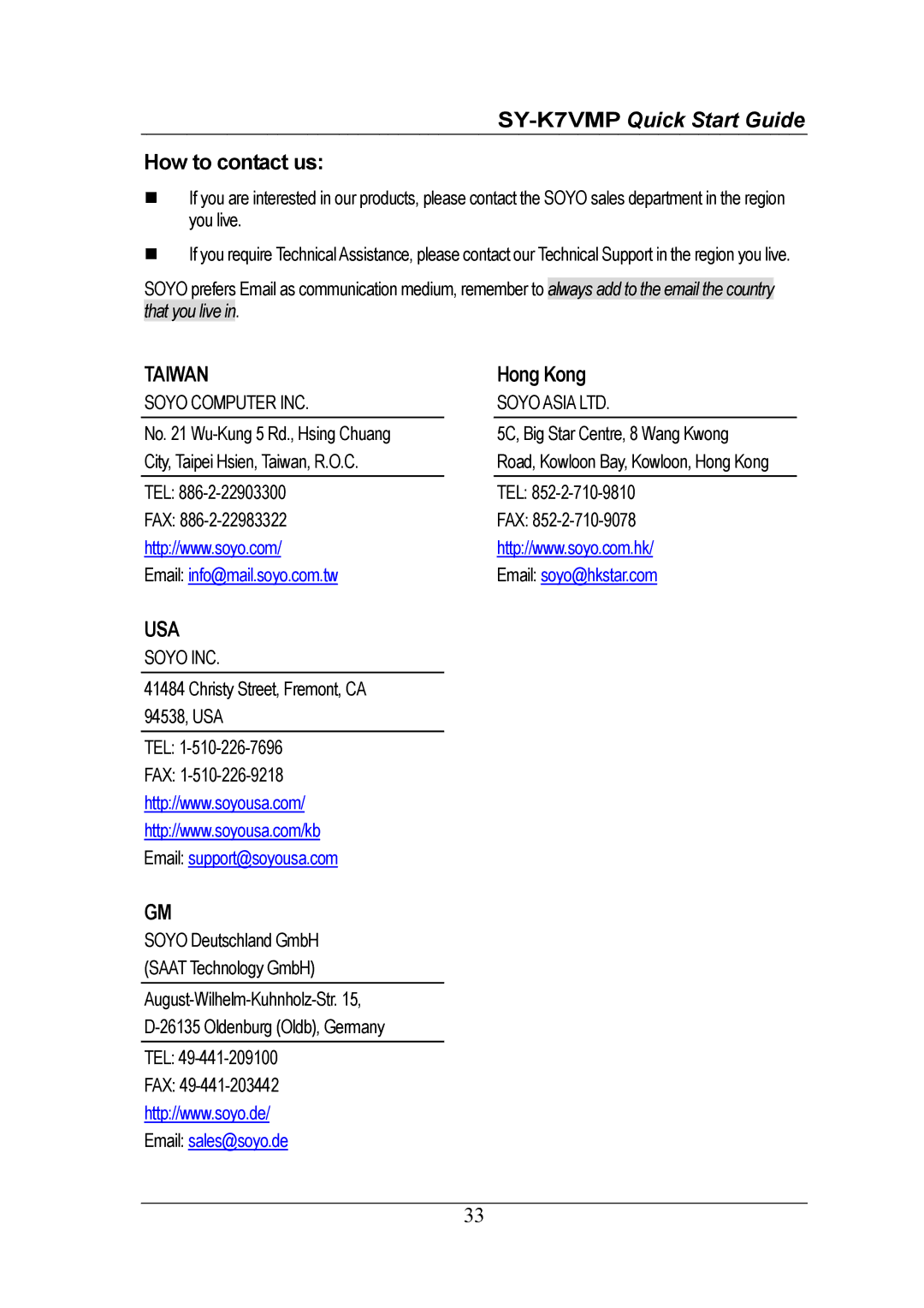 SOYO SY-K7VMP quick start How to contact us, Hong Kong 