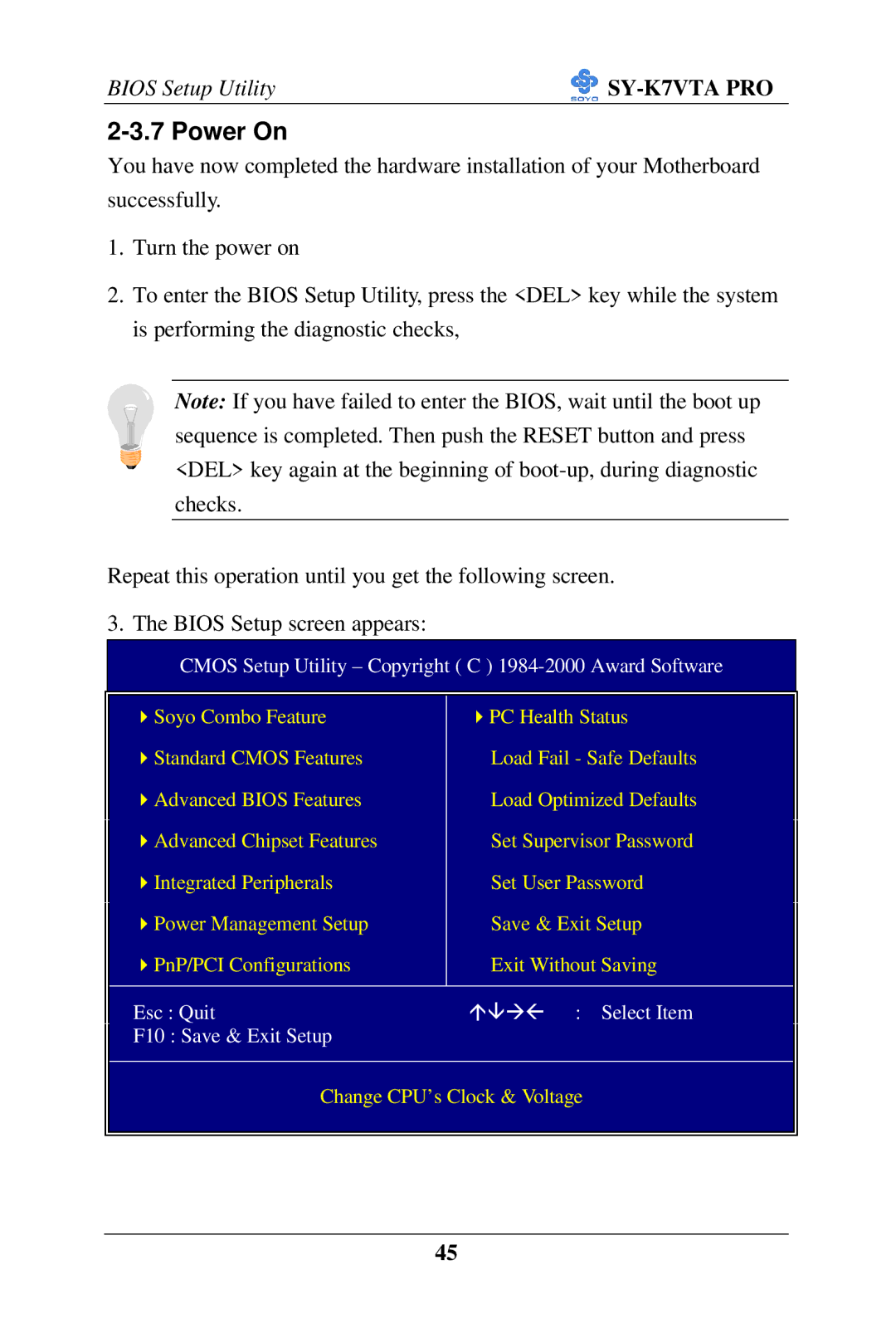 SOYO SY-K7VTA PRO user manual Power On, Cmos Setup Utility Copyright C 1984-2000 Award Software 