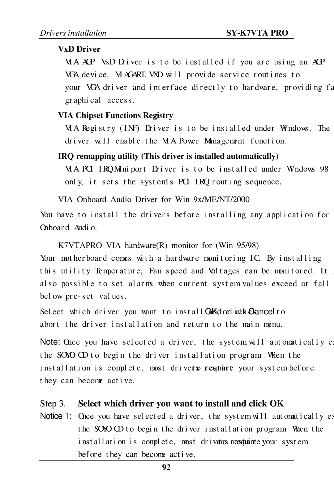 SOYO SY-K7VTA PRO user manual ⎯ VxD Driver, ⎯ VIA Chipset Functions Registry 