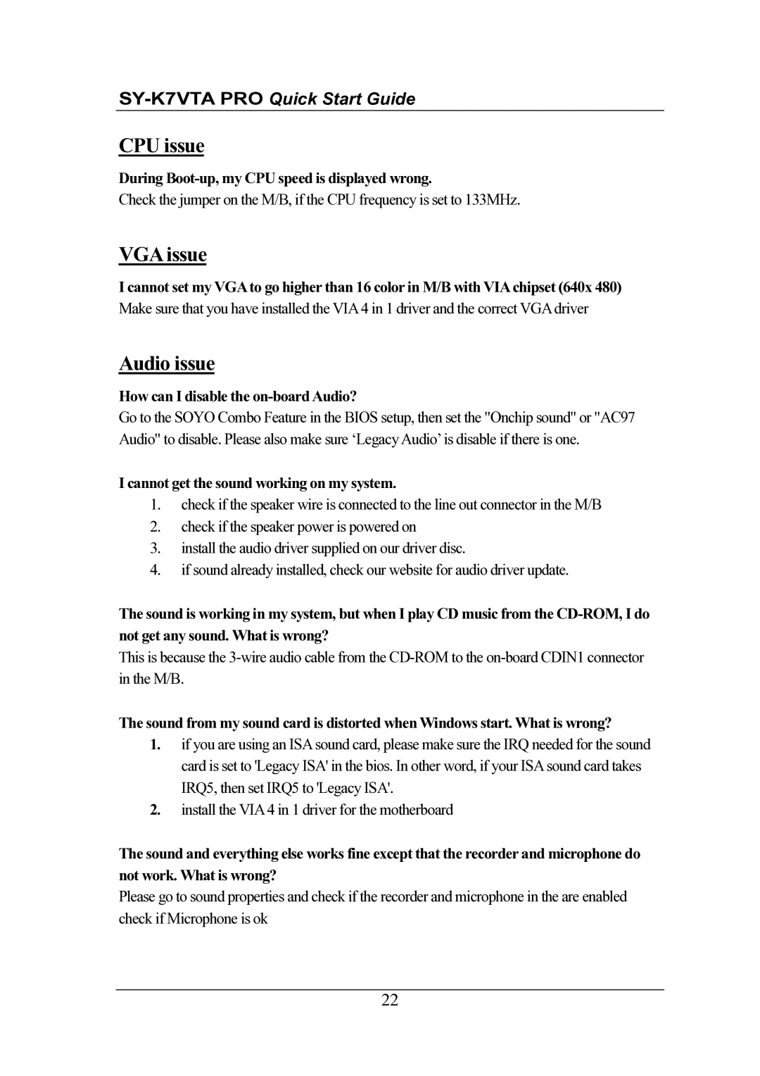 SOYO SY-K7VTA PRO quick start CPU issue, VGA issue, Audio issue 