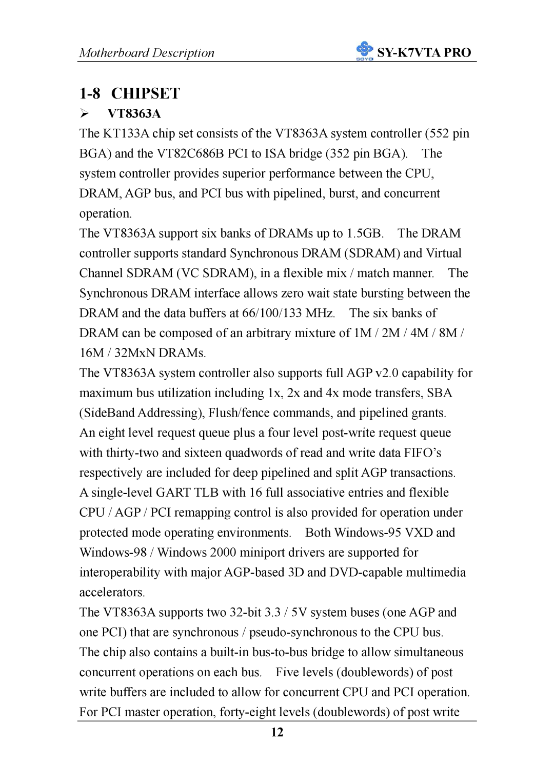 SOYO SY-K7VTA PRO user manual Chipset, VT8363A 