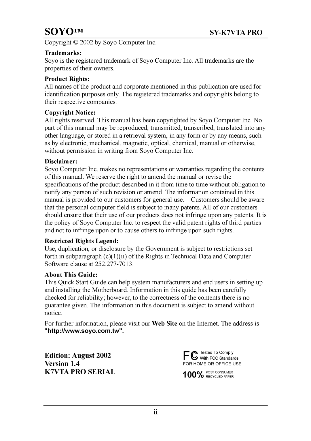 SOYO SY-K7VTA PRO user manual Edition August, Version, K7VTA PRO Serial 